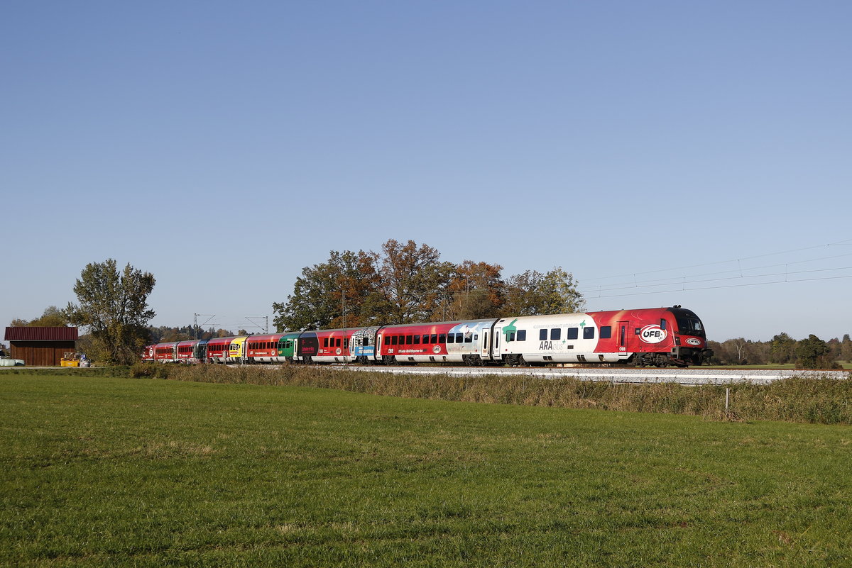 80.90 725 der  FB-Railjet  war am 16. Oktober 2017 bei Weisham in Richtung Salzburg unterwegs.