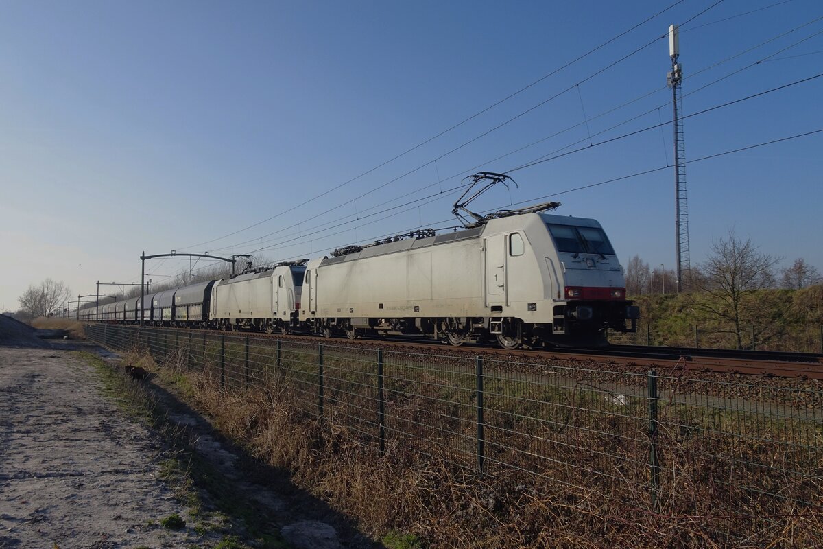 Am 10 März 2022 zieht NIAG 186 142 mit ein Schwesterlok ein Kohlezug durch Tilburg-Reeshof.