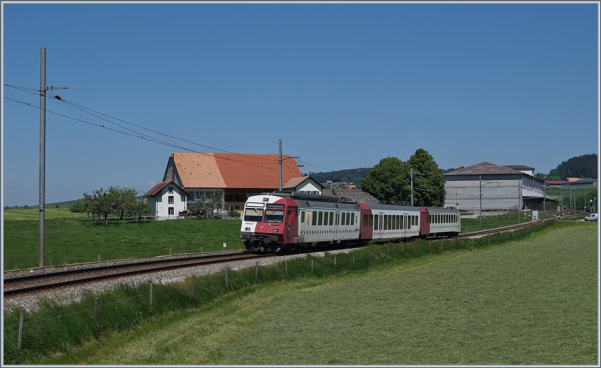 Ausgangs von Sâles, bei Vers chez Seydoux ist der TPF RBDe 567 182 mit seinem Pendelzug auf dem Weg nach Bulle.

19.Mai 2020