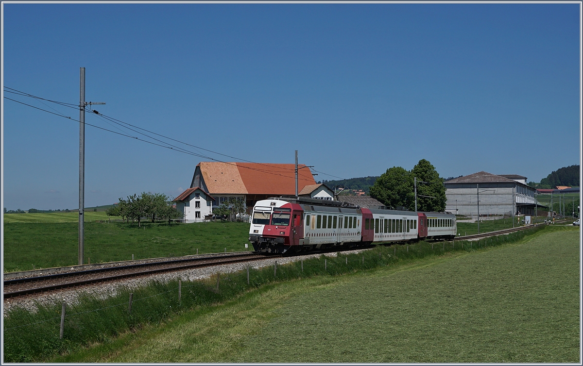 Ausgangs von Sâles, bei Vers chez Seydoux ist der TPF RBDe 567 182 mit seinem Pendelzug auf dem Weg nach Bulle. 

19. Mai 2020