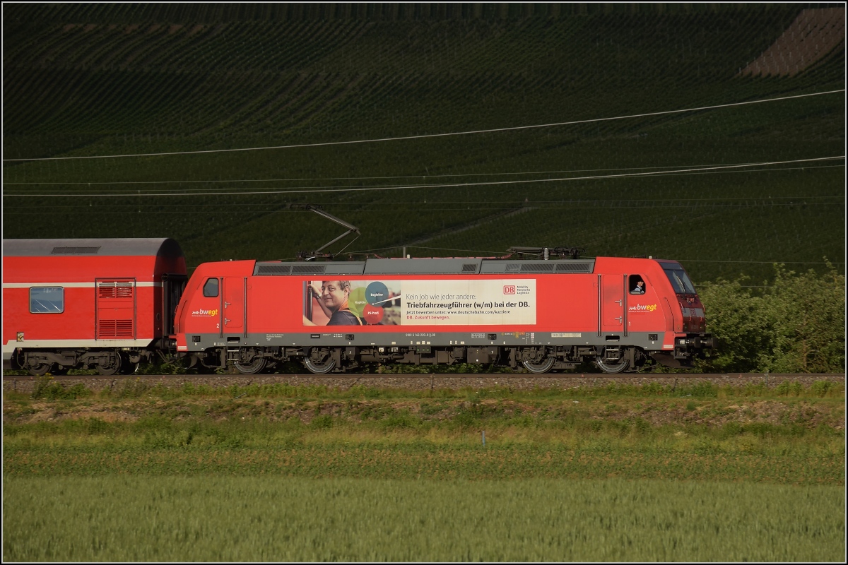 Auslaufmodell am Oberrhein. 146 218 mit Dostozug und Eigenwerbung nach Basel. Auggen, Mai 2020.