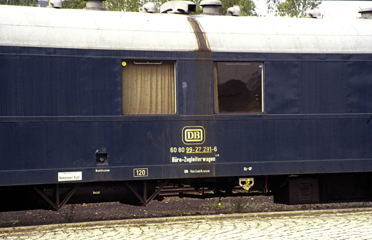 Bauzugwagen, Büro-Zugleiterwagen 418; 60 80 99-27 291-6 Glb Hannover-Leinhausen in Salzgitter-Bad im August 1986.