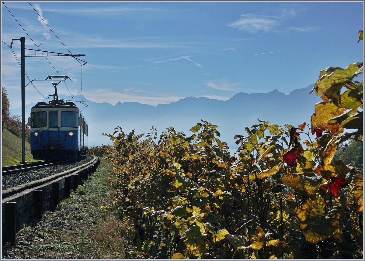 Bei starkem Gegenlicht ist ein MOB ABDe 8/8 (Serie 4000) kurz vor Planchamp in den Weinbergen oberhalb von Montreux unterwegs. 

25. Oktober 2018