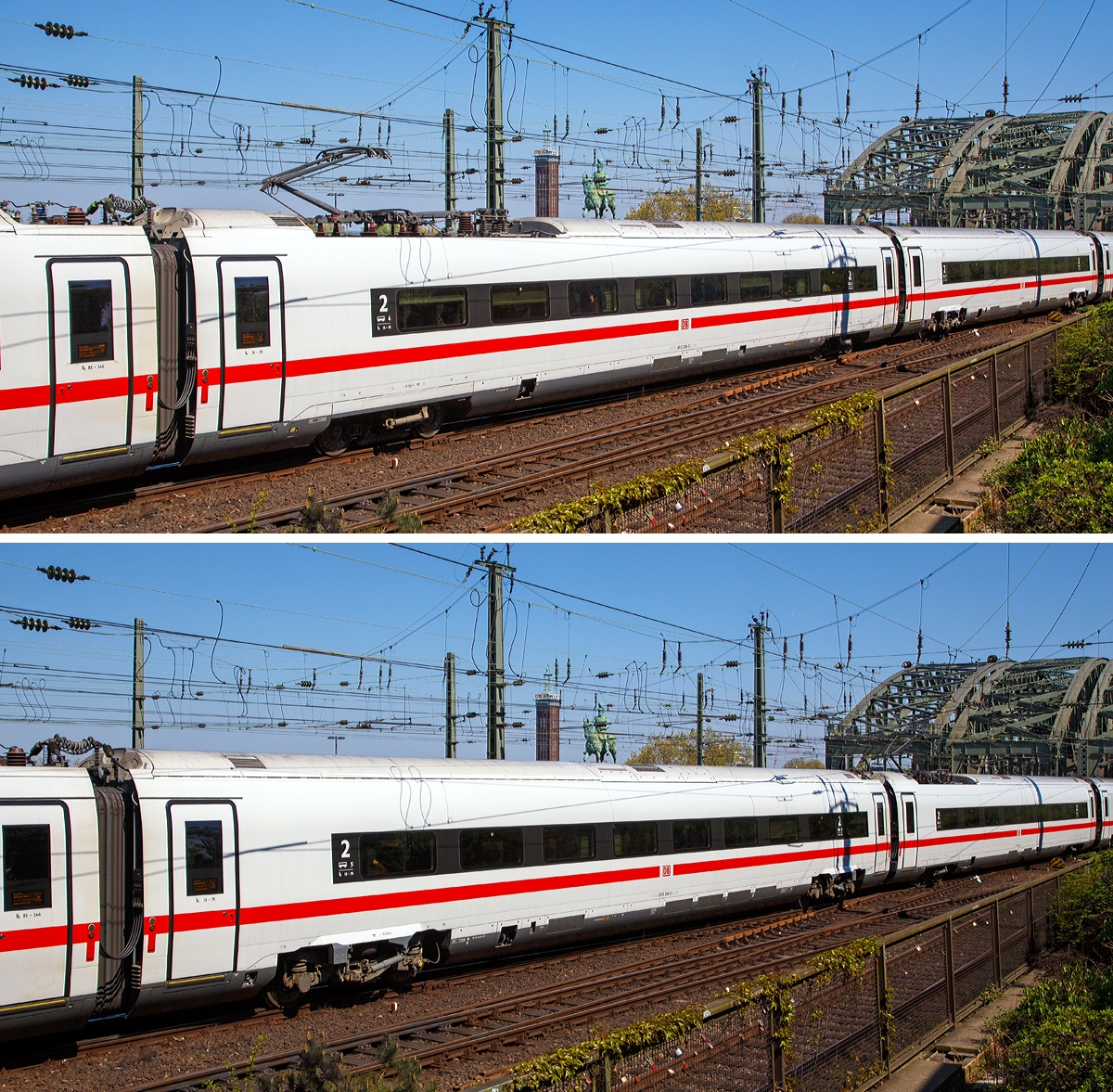 
Bild 3:
Als ICE 610 von Mnchen Hbf nach Dortmund Hbf, verlsst der zwlfteilige (Konfiguration K3s) ICE4 Triebzug (Tz) 9004 (93 80 5812 004-0 D-DB ff.) am 21.04.2019 den Hauptbahnhof Kln.

Oben:
Wagen-Nr. 4 – Bpmz antriebsloser 2. Klasse Mittelwagen mit Stromabnehmer 93 80 4812 004-3 D-DB
Unten:
Wagen-Nr. 5 – Bpmz angetriebener 2. Klasse Mittelwagen (Powercar) 93 80 2412 304-5 D-DB.
