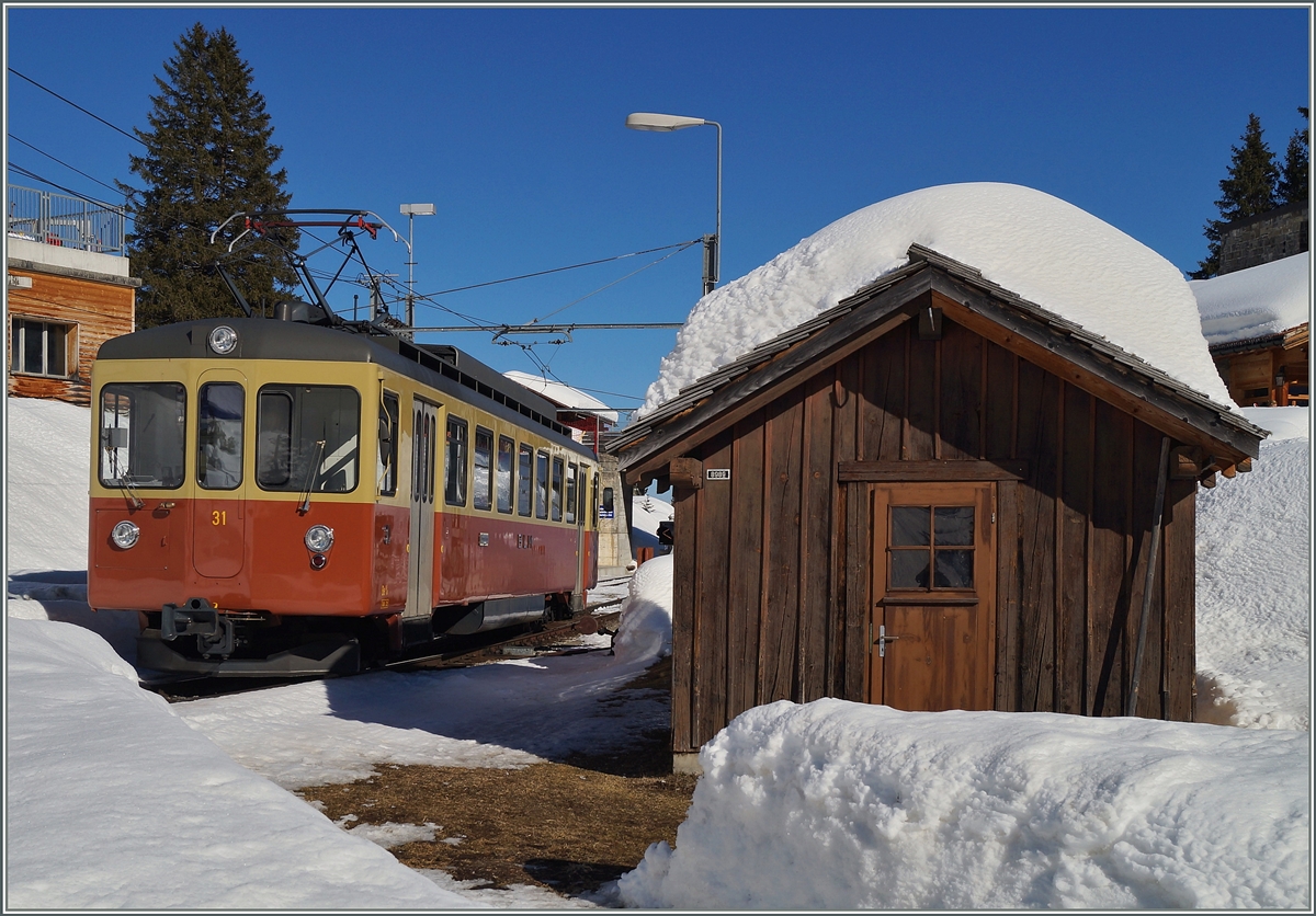  Bipperlisi  im Doppelpack: Der BLM Be 4/4 31 (ex SNB/OJB) erreicht Winteregg von Mürren kommend. 
9. März 2014
