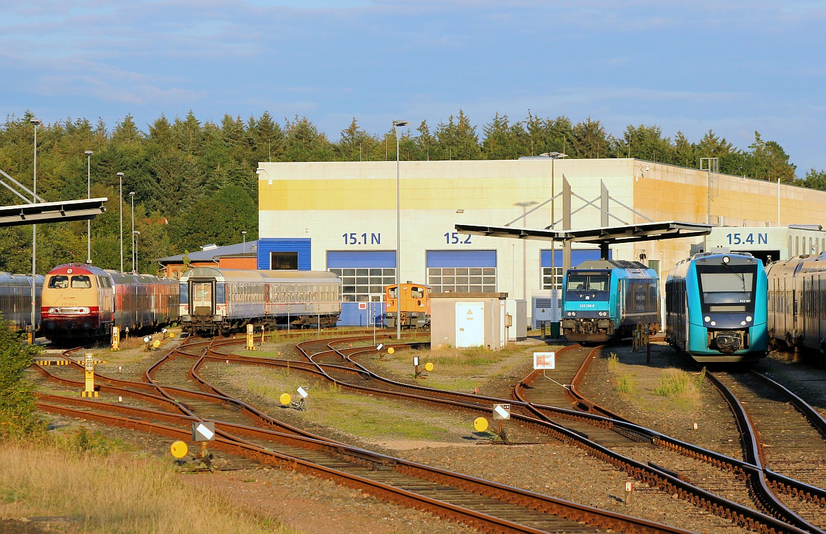 Blick auf das Bw Husum...BTEX 217 002, eine Köf III von Northrail, NAH.SH/Paribus/DB 245 206 und 622 167/667. Husum 03.09.2017