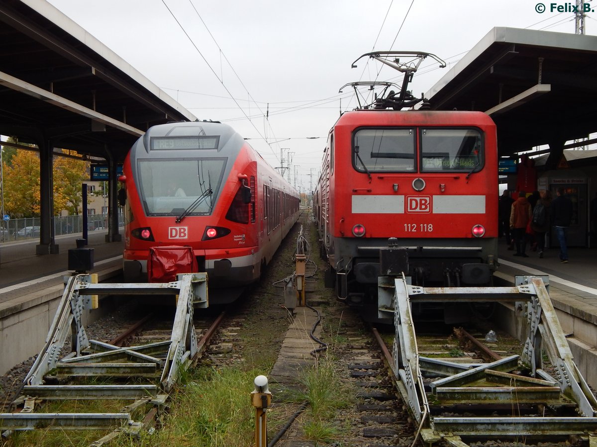 BR 429 und 112 118 in Stralsund am Hauptbahnhof.