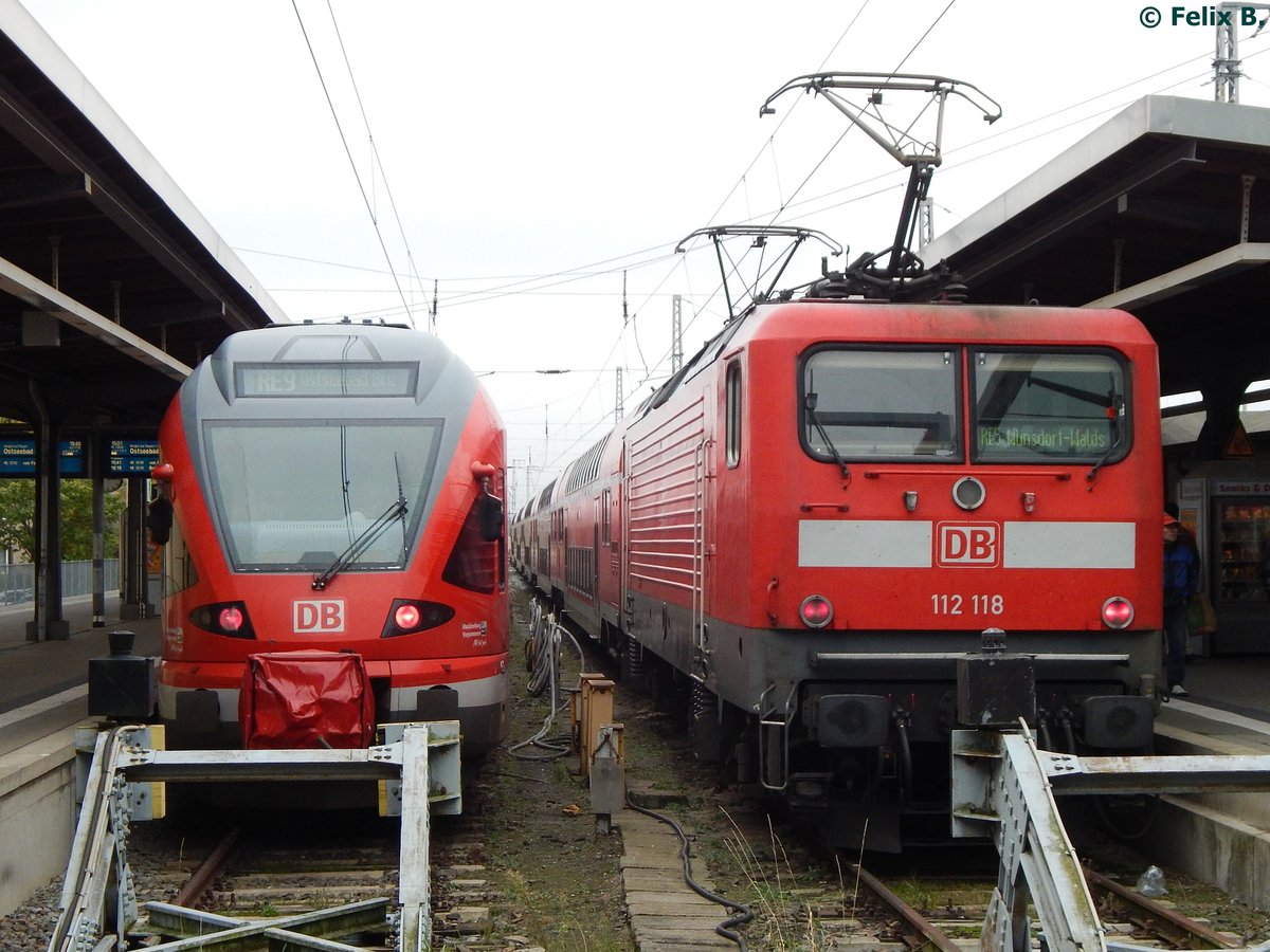 BR 429 und 112 118 in Stralsund am Hauptbahnhof.