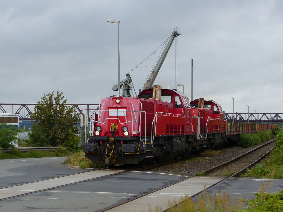 DB Cargo Diesellovomotive 265 004-2 mit Schwesterlok Bahnbergang Dachsstrasse, Wannheim Duisburg 09-07-2020.

DB Cargo diesellocomotief 265 004-2 met zusterloc overweg Dachsstrasse, Wannheim Duisburg 09-07-2020.