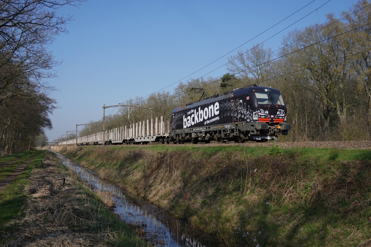 DB Cargos Quasi-Rückengrat 193 318 zieht ein Leerzug durch Tilburg Oude Warande am 18 März 2026 und wird vom offenbarer Weg fotografiert.