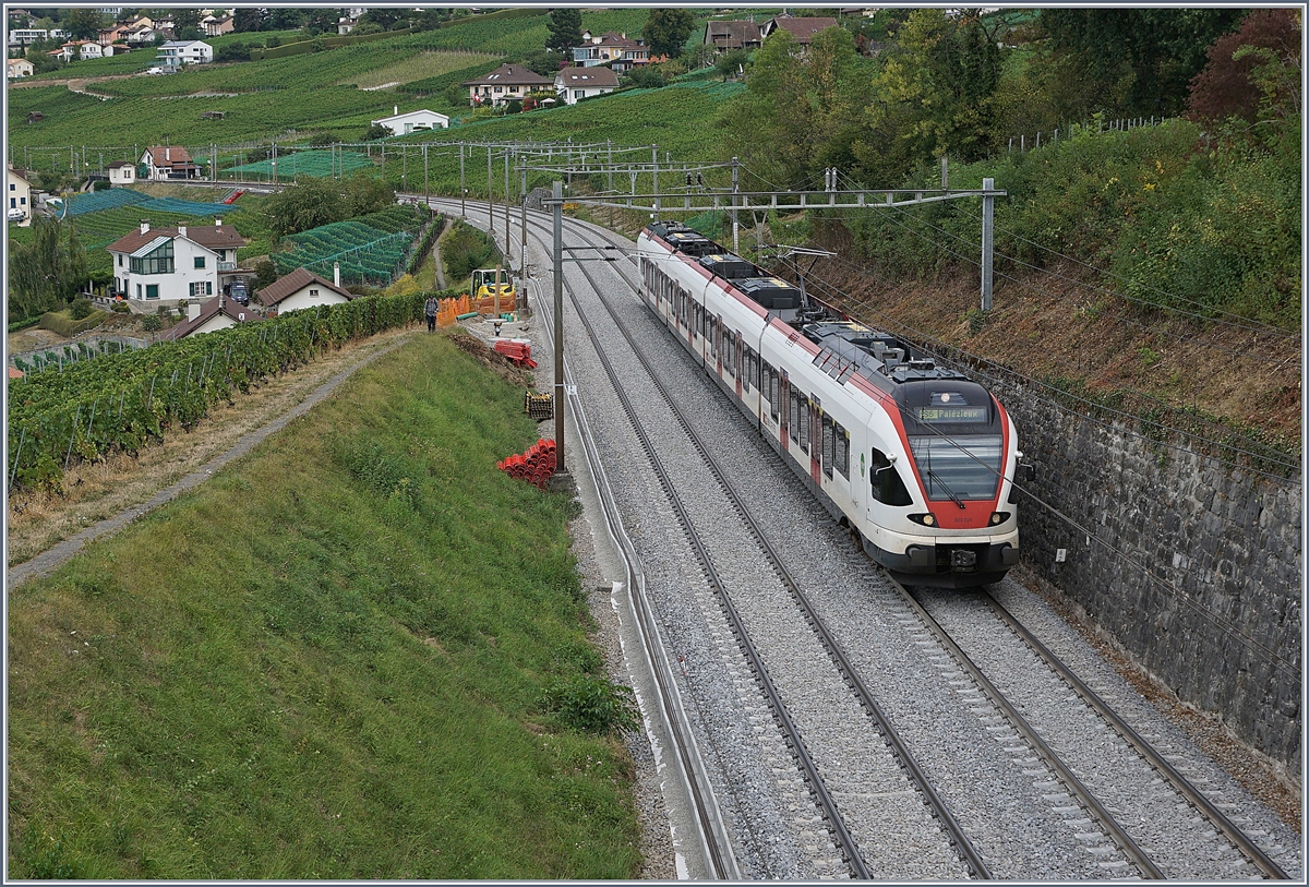 Dem Publikum als  Sommerfahrplan  schmachhaft gemacht wurde unter anderem auch die Strecke Lausanne - Bern zwischen Lausanne und Puidoux gesperrt und gesamthaft erneuert, mit dem Resultat, dass zumindest optisch sich erfreulicherweise kurz nach der Wiederinbetriebnahme gleich beide Gleise frisch ein geschottert zeigten. Kurz nach der Abfahrt in Bossière zeigt sich ein SBB RABe 523 auf dem Weg nach Palézieux.

29. Aug. 2018
