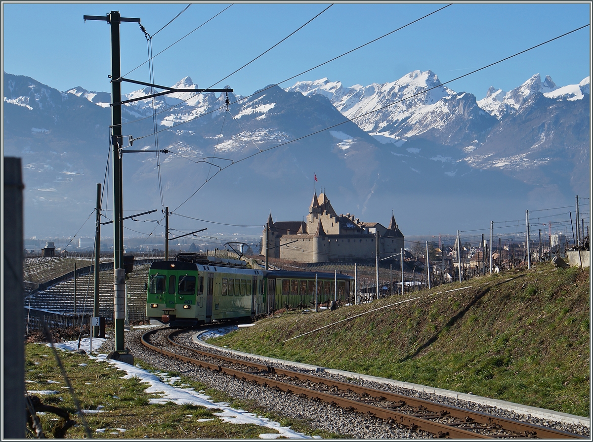 Der ASD BDe 4/4 401 mit Bt auf der Fahrt Richtung Les Diablerets oberhalb von Aigle mit dem Chteau d'Aigle im Hintergrund.
25. Jan. 2016