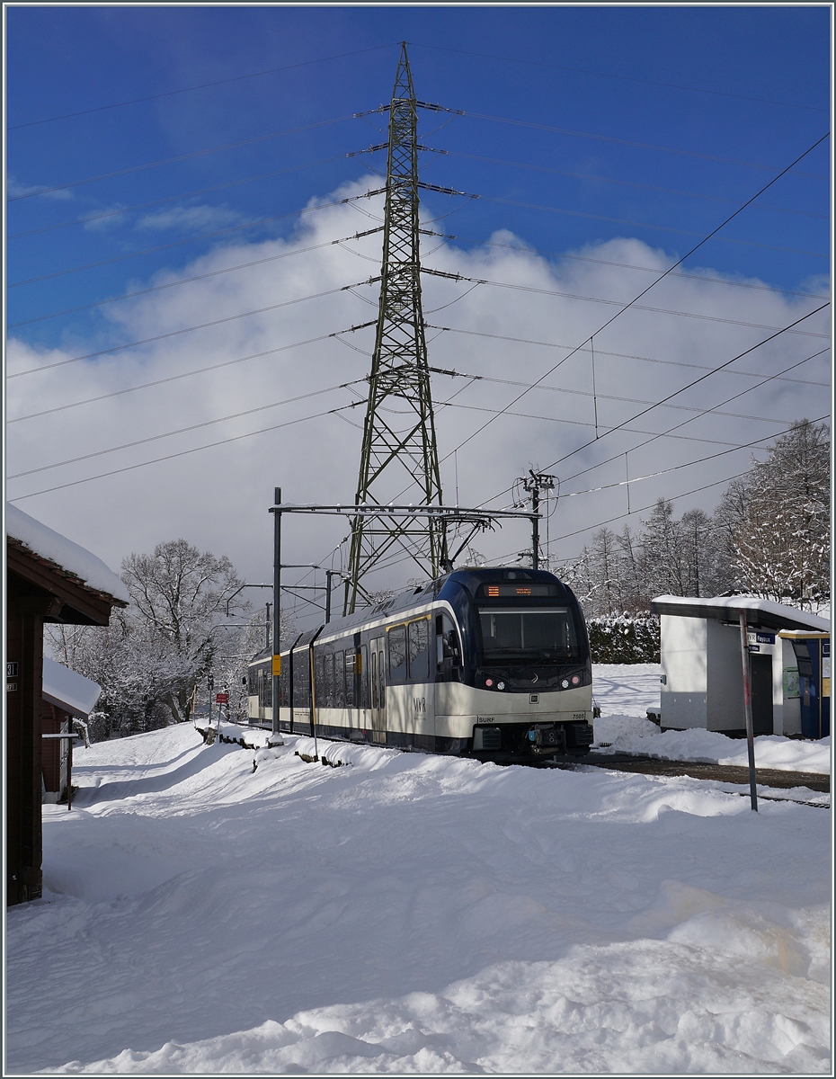 Der CEV MVR SURF ABeh 2/6 7505 als Regionalzug 1432 von Les Pléiades nach Vevey in Fayaux.

18. Januar 2021
