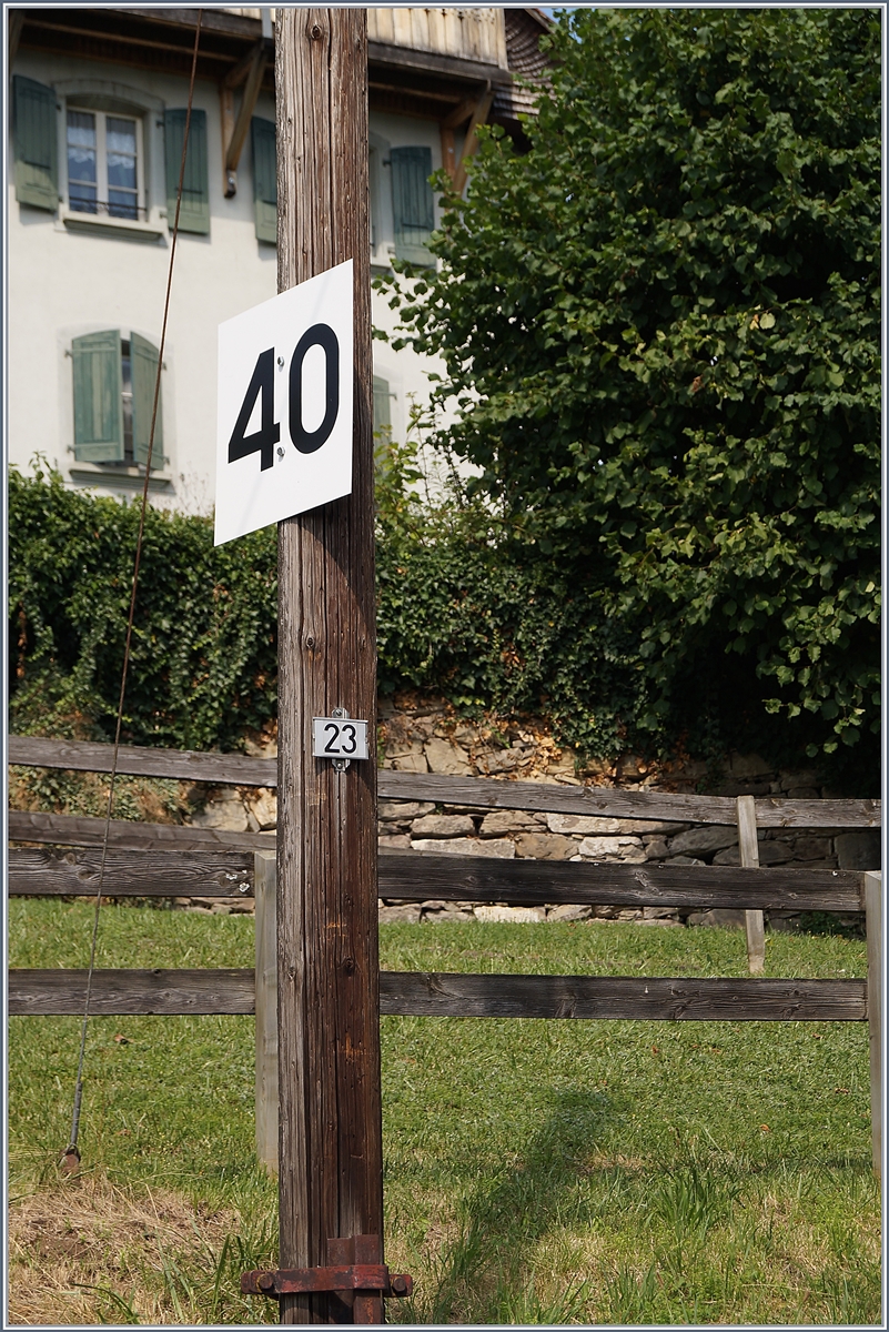 Der Fahrleitungsmast N° 23: Als es vor gut fünfzehn Jahren darum ging, die Holzmasten durch Metalmasten zu ersetzen und dabei den Abstand von Mast zu Mast zu vergrössern, wehrte sich ein Anwohner mit Erfolg vor Gericht dagegen und so blieb der Fahrleitungsmast N° 23 in St-Légier stehen und trägt neuerdings sogar eine interessante Signaltafel mit der die hier einzuhaltende Höchstgeschwindigkeit angezeigt wird; bedeutend insofern, als dass die MVR die Höchstgeschwindigkeit seit dem 1. Juli 2019 um 25 % erhöht hat und nun auf dafür ausgebauten Streckenabschnitten mit bis zu 50 km/h unterwegs ist.

30. Juli 2019