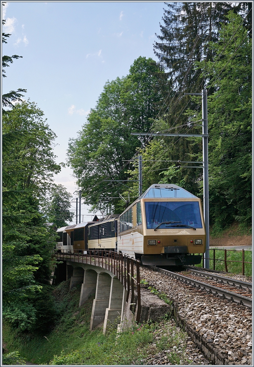 Der MOB Ast 116 noch in der  GoldenPass -Farbgebung an einen MOB Panoramic Express auf der Fahrt in Richtung Montreux kurz vor Sendy-Sollard.

17. Mai 2020