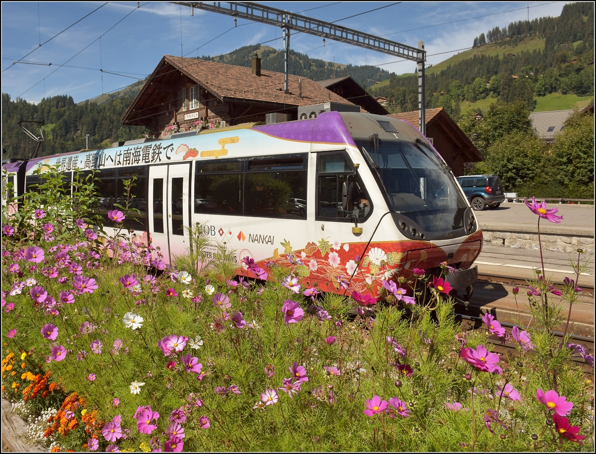 Der MOB Be 4/4 5002 ist mit Bt und ABt nicht nur entsprechend beklebt, sondern gesellt sich in Saanen abseits seiner Strecke mal wunderbar in die passende Kulisse. Und zur Abwechslung nicht im unpassenden Schnee... ;-) September 2019. Und vielleicht passt's ja auch zu Peters Erklrung...