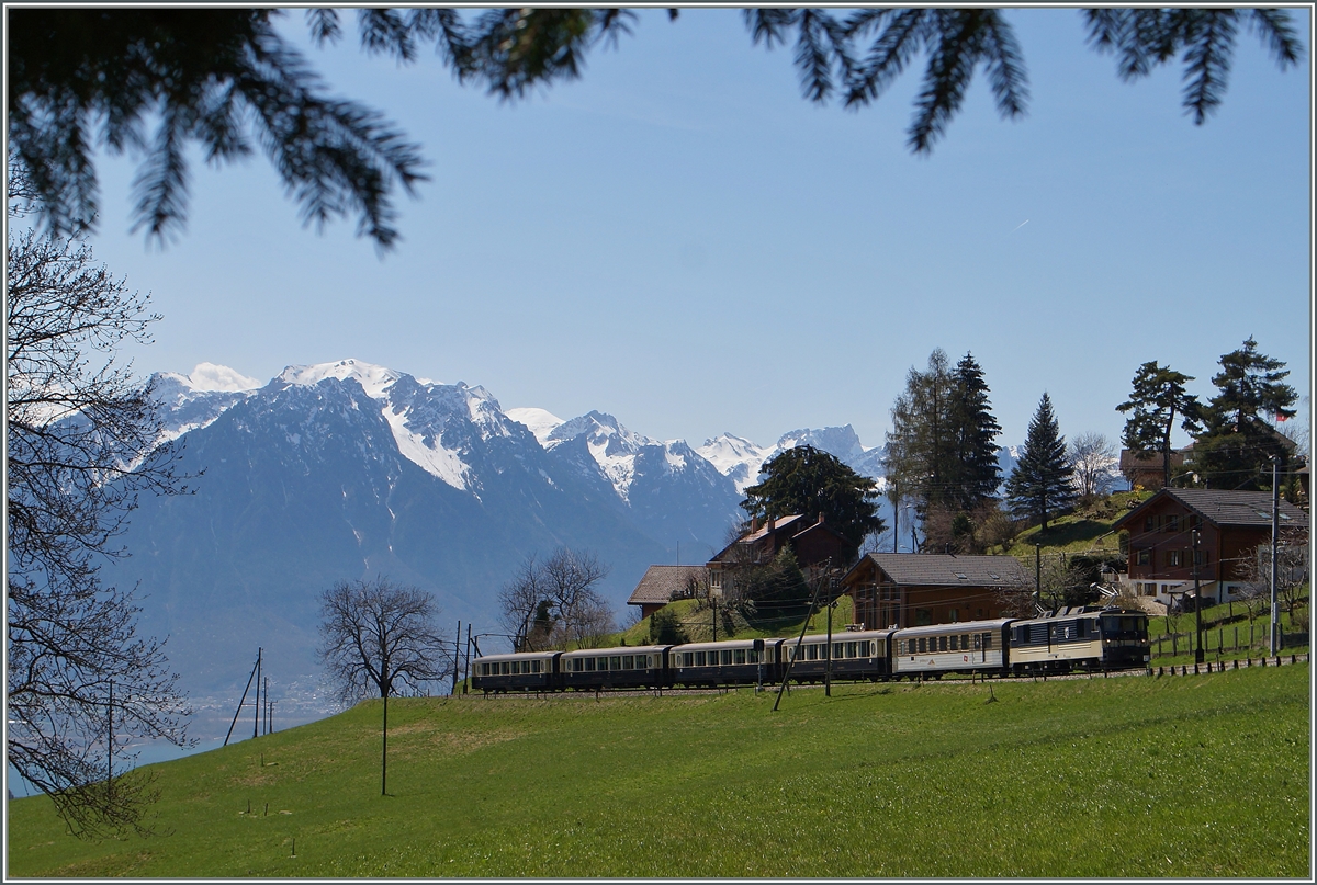 Der MOB  GoldenPass Classic  3126 erreicht von Montreux kommend in Kürze Les Avants.
13. April 2015