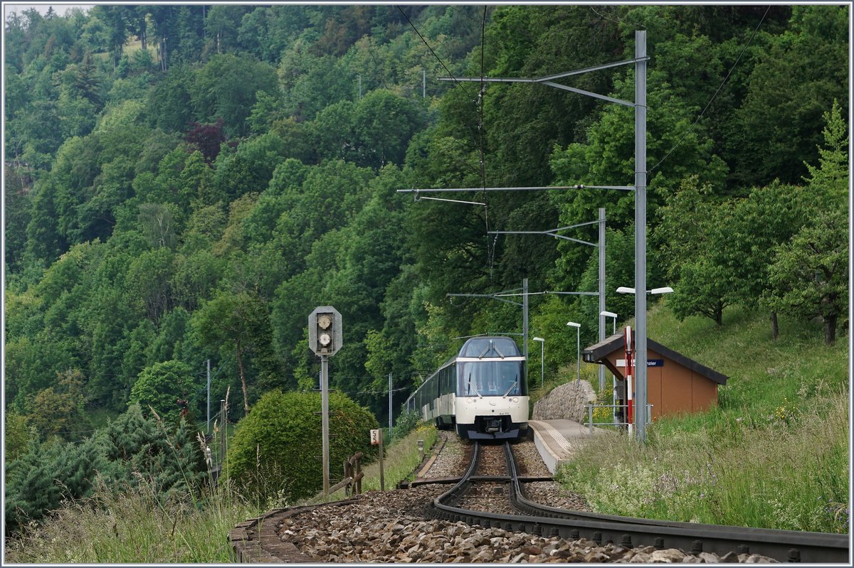 Der  neue  MOB GoldenPass Panoramic Express RE 2228 erreicht Sonzier, da der Zug in einem  Regionalzugfahrplan  fährt, mit Halt auf Verlangen. 

16. Mai 2020
