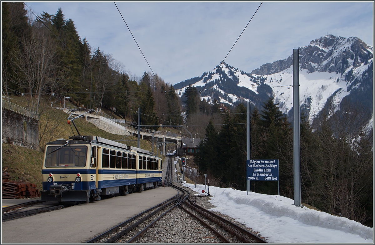 Der Rochers de Naye Beh 4/8 als Schülerzug nach Haut de Caux (und somit ohne Vorstellwagen) in Caux.

10. März 2015