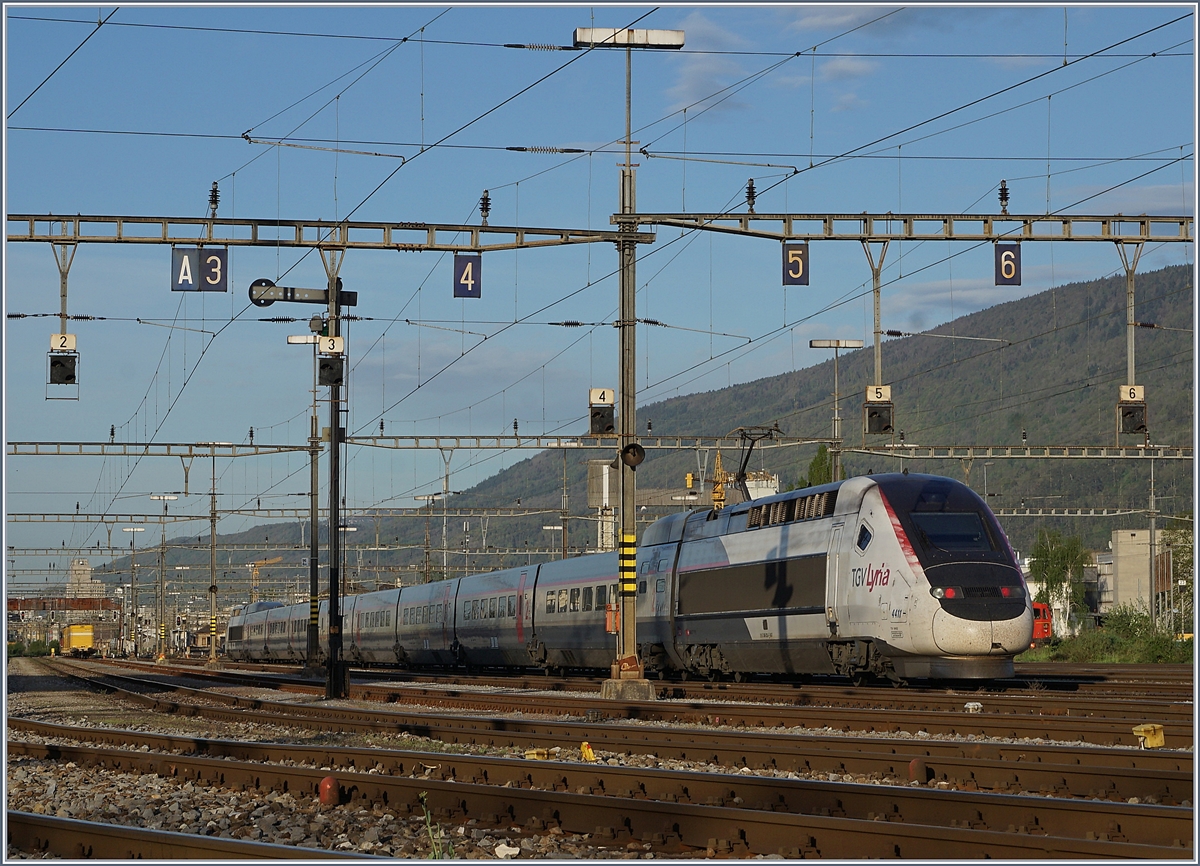 Der TGV Lyria 4411, welcher gegen zehn Uhr nach Bern fahren wird und dort als TGV 9216 Bern - Paris Gare de Lyon zum Einsatz kommt. 

24. April 2019