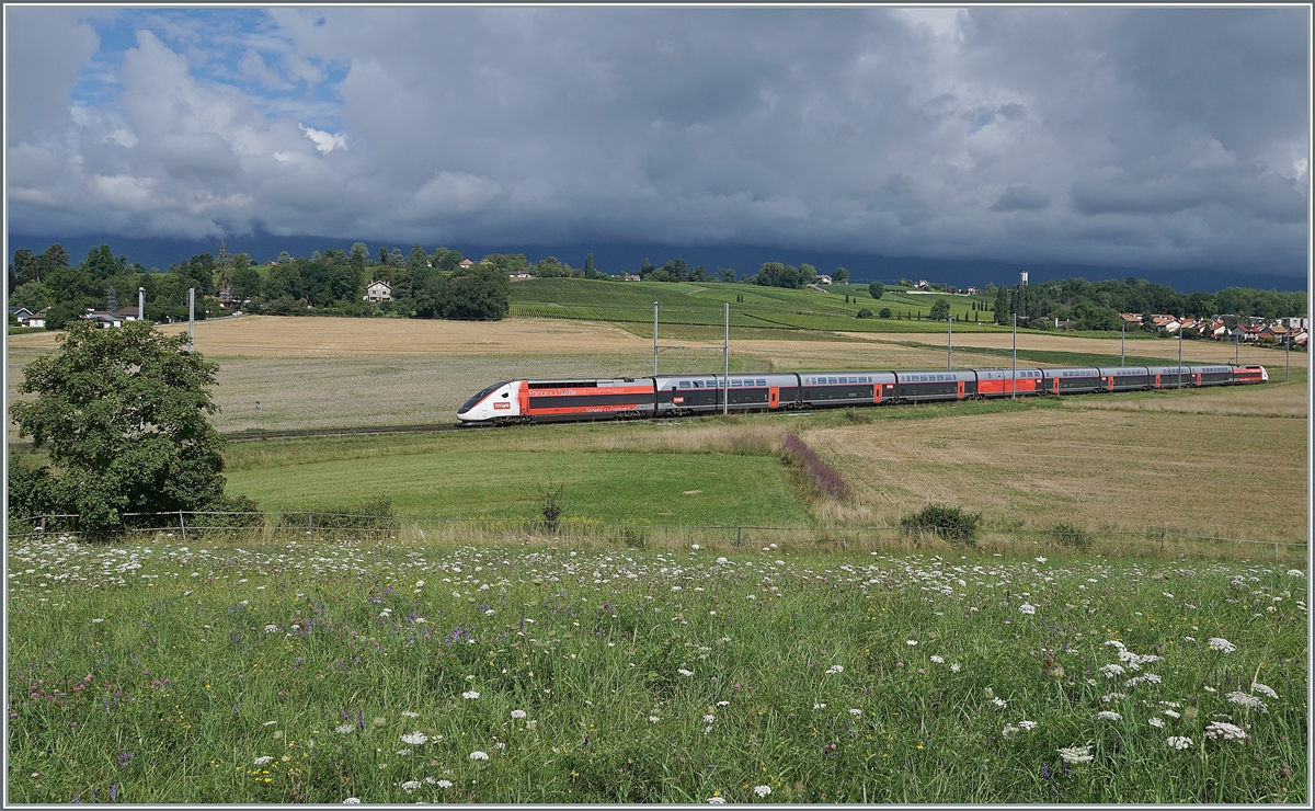 Der TGV Lyria 9768 von Lausanne nach Paris Gare de Lyon kurz nach Satigny. 

2. August 2021