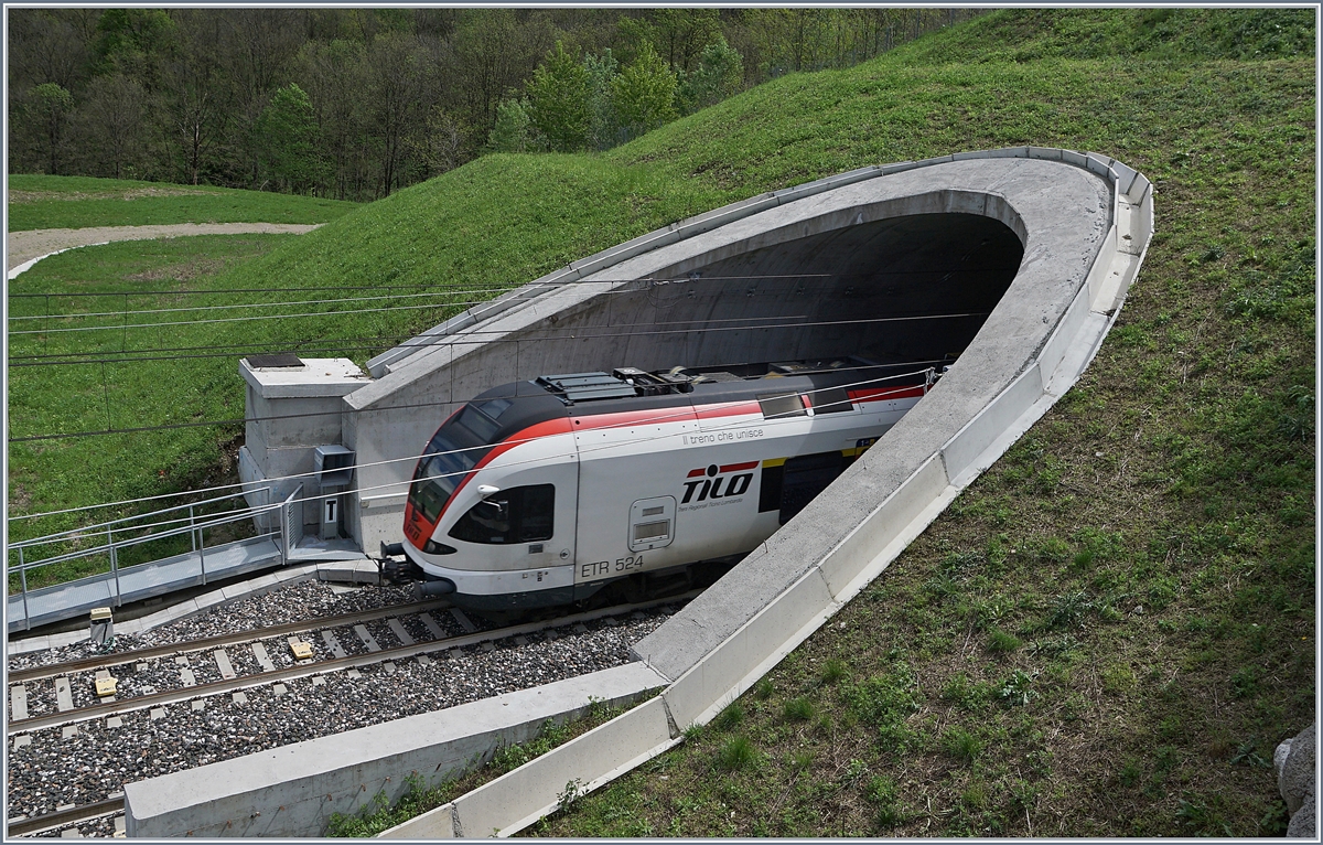 Der TILO RABe 524 013, unterwegs als S40 von Varese nach Como, verschwindet im 970 Meter langen Bevera Tunnel.

27. April 2019