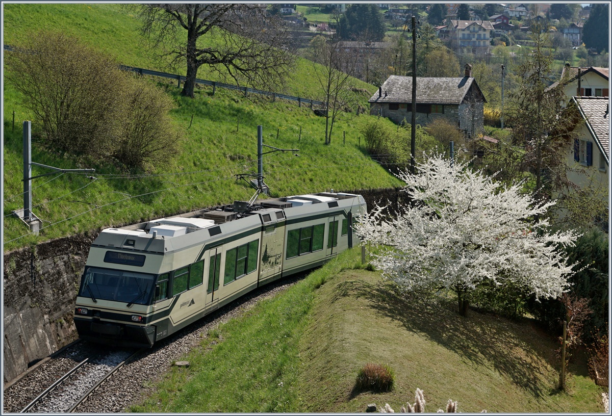 Der wohl letzte Frhling der CEV /MVR GTW Be 2/6 an der Riviera: Der CEV / MVR GTW Be 2/6 7004 als Regionalzug 2333 Les Avants - Montreux kurz vor Sonzier.
3. April 2007