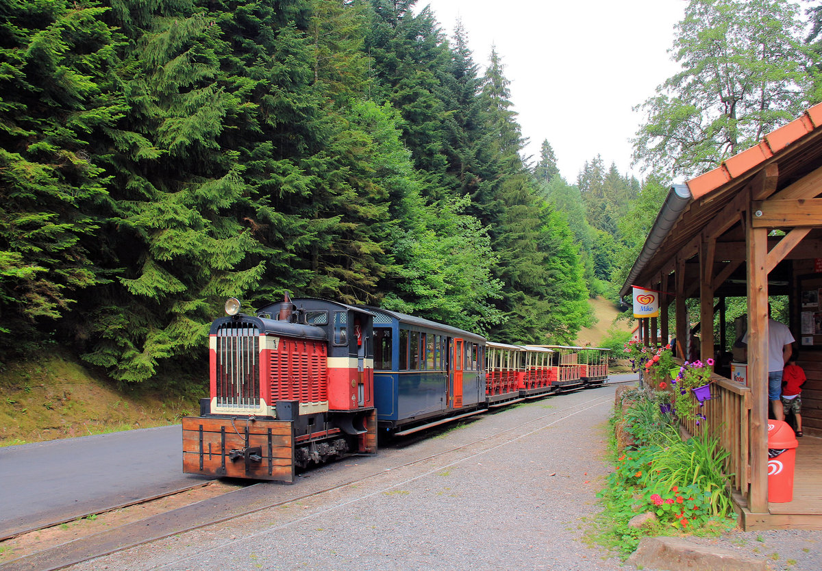 Der wunderschön restaurierte Wagen WAB 27 an erster Stelle in Grand Soldat, der heutigen Endstation der Chemin de Fer Forestier d'Abreschviller. 22.Juli 2018 