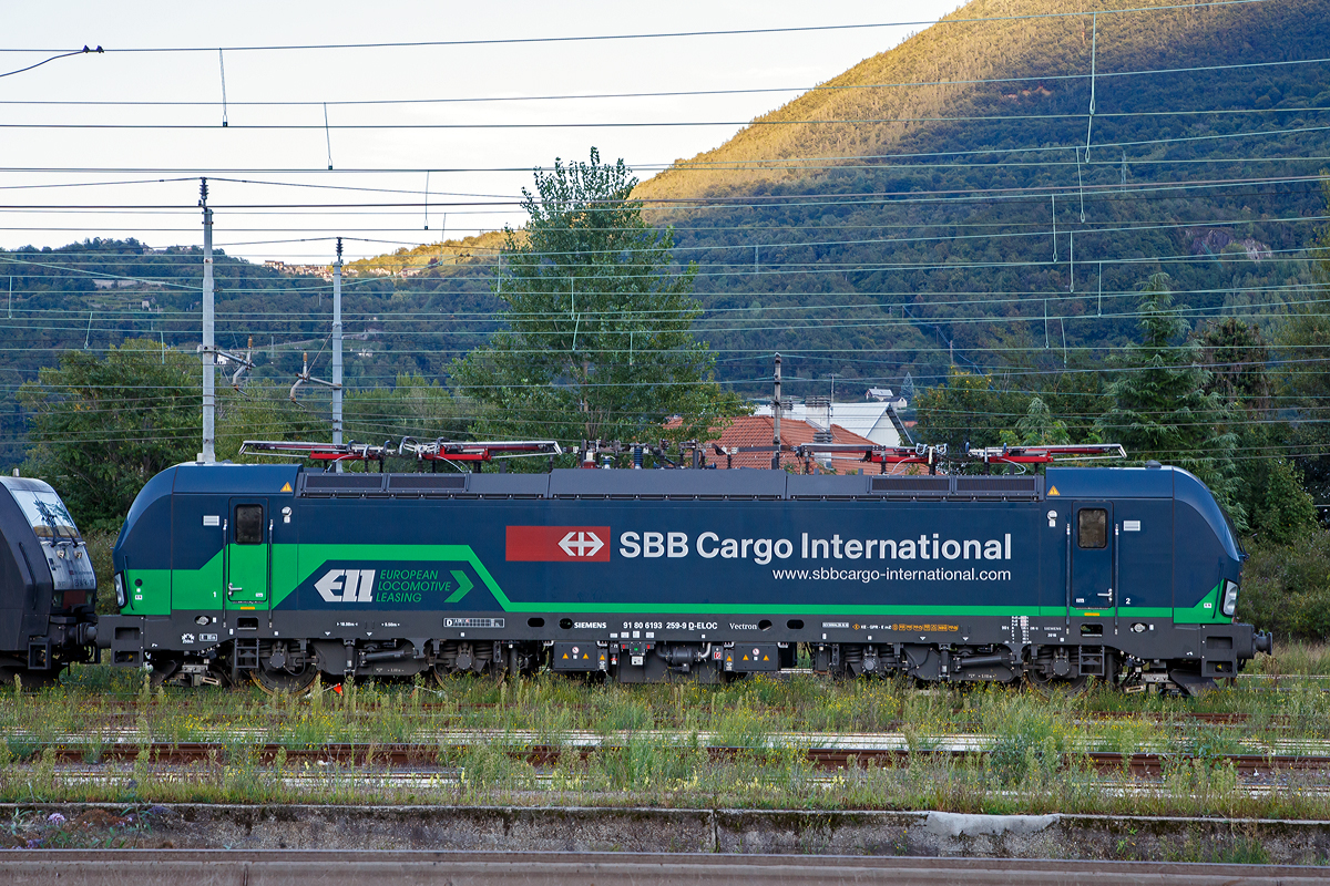 Die an die SBB Cargo International AG vermietete Siemens Vectron MS 193 259-9 (91 80 6193 259-9 D-ELOC), abgestellt am 14.09.2017 im Bahnhof Domodossola. 

Die Vectron MS wurde 2016 von Siemens in Mnchen unter der Fabriknummer 22155 fr die ELL - European Locomotive Leasing in Wien gebaut. 

Die ELL Austria GmbH (kurz fr European Locomotive Leasing) ist eine Leasinggesellschaft fr Schienenfahrzeuge mit Sitz in Wien. Das Unternehmen verfgt seit 2014 ber einen Fuhrpark von elektrischen Lokomotiven des Typs Siemens Vectron AC, DC und MS. ELL tritt als Halter der Fahrzeuge auf, die Halterkennung in der UIC-Kennzeichnung der Triebfahrzeuge ist D-ELOC.