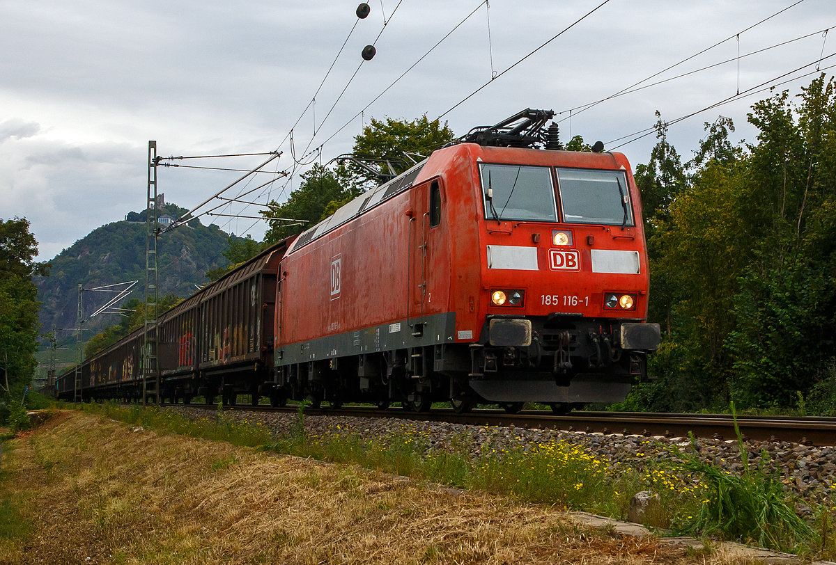 Die auch für die Schweiz zugelassene 185 116-1 (80 6185 116-1 D-DB) der DB Cargo AG fährt am 03.08.2020 mit einem gedeckten Güterzug durch Bad Honnef in Richtung Süden. Oben im Hintergrund  der berühmte Drachenfelsen.

Die TRAXX F140 AC1 wurde 2003 bei Bombardier in Kassel unter der Fabriknummer 33556 gebaut. Sie hat die Zulassungen für Deutschland und die Schweiz, man kann es auch an den vier DSA-200 Einholm-Stromabnehmer erkennen. Außen sind jeweils die für das Schweizernetz bestimmten Stromabnehmer mit einer Wippenbreiten von 1.450 mm (500 mm schmaleren) und innen die DB-Netz bestimmten mit einer Wippenbreiten von 1.950 mm.

Ende 2015 war die Lok sogar an die SBB Cargo ausgeliehen.