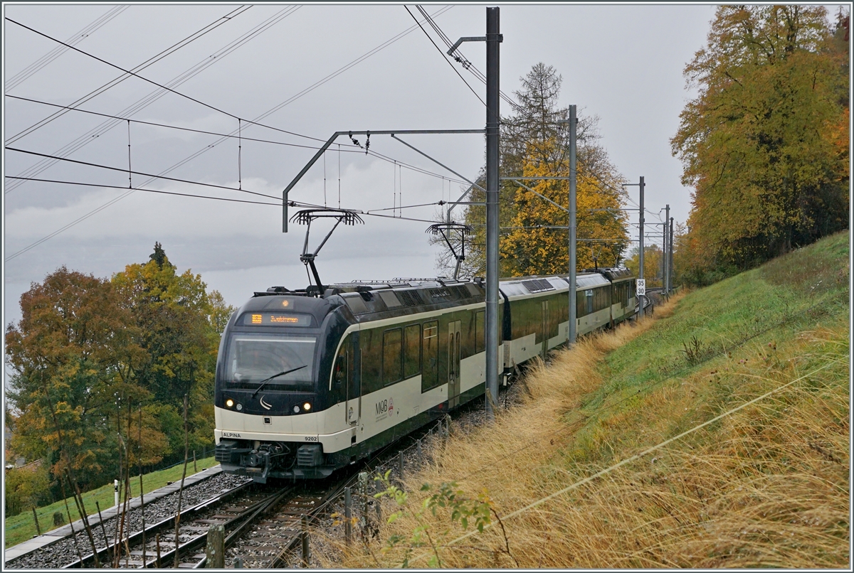 Die beiden MOB Alpina Be 4/4 9202 und ABe 4/4 9302 mit ihrem Regionalzug von Montreux nach Zweisimmen bei der Einfahrt in Sendy-Sollard, einem Bahnhof mit Halt auf Verlangen aber ohne Bahnsteig (und somit wohl ohne Maskenpflicht).

23. Oktober 2020