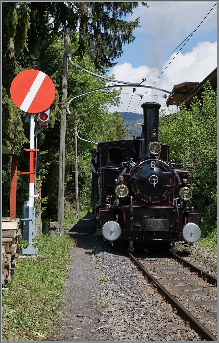 Die Blonay Chamby G 3/3 N° 6 beim Einfahrsignal in Chaulin. 

15. Mai 2016