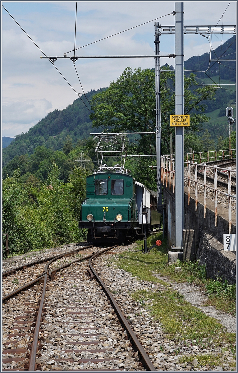 Die Blonay-Chamby +GF+ Ge 4/4 75 erreicht mit ihrem Reisezug von Blonay bei Kilometer 8.7 (von Vevey gerechnet) Chamby, wo rechts im Bild ansatzweise zu erkenne Anschluss an die MOB Strecke Montreux Zweisimmen besteht.

13. Juni 2020