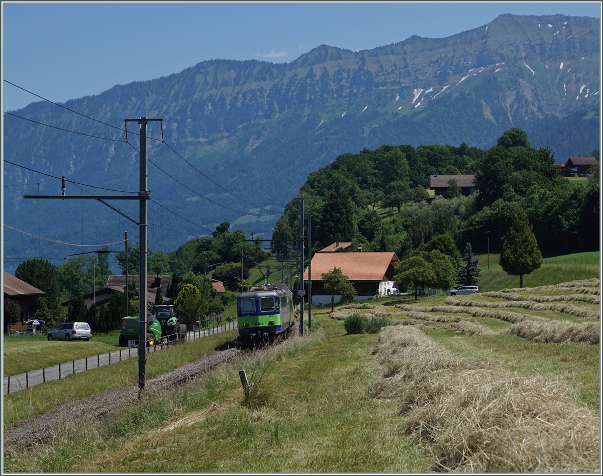 Die BLS Re 4/4 II 504 schiebt bei Faulensee ihren EW III RE von Zweisimmen nach Interlaken Ost.

14. Juni 2021