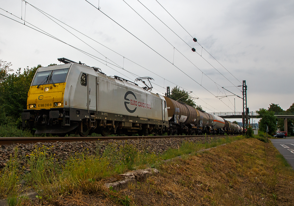 
Die E186 310-9 (91 80 6186 310-9 D-ECR) der ECR - Euro Cargo Rail fährt am 03.08.2020 mit einem Kesselwagenzug durch Bad Honnef in Richtung Norden.  

Die TRAXX F140 MS wurde 2010 von Bombardier in Kassel unter der Fabriknummer 34787 gebaut. Sie hat die Zulassungen für  Deutschland, Frankreich und Belgien.