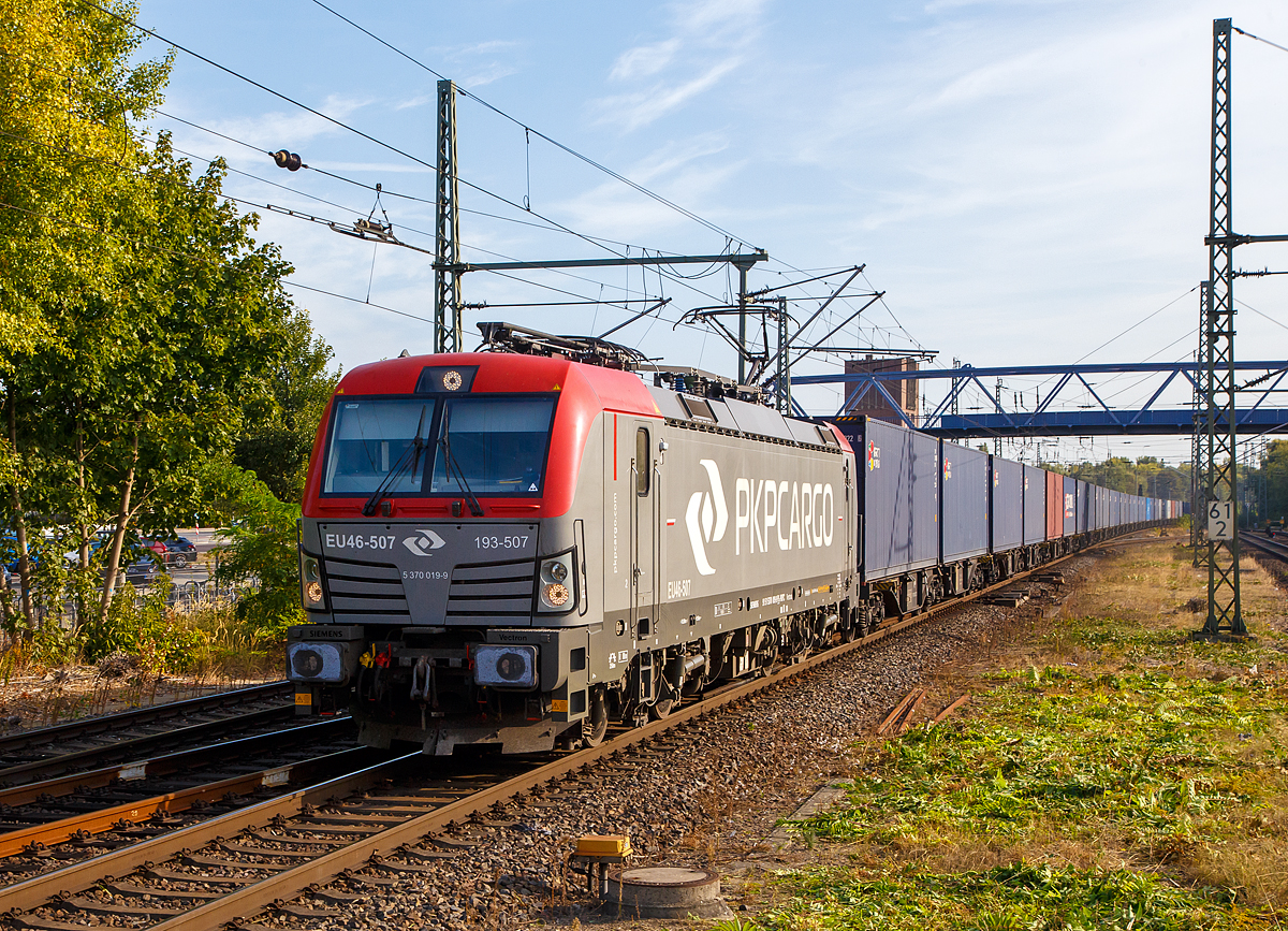 Die EU46-507 / 193-505 / 5 370 019-9 (91 51 5370 019-9 PL-PKPC) der PKP Cargo S.A. (Warschau), fährt am 20.09.2018, mit einem Containerzug durch den Hauptbahnhof Brandenburg an der Havel in westlicher Richtung.

Die Siemens Vectron MS wurde 2015 von Siemens Mobility GmbH in München-Allach unter der Fabriknummer 21994 gebaut und an die PKP Cargo S.A. (Warschau) geliefert. Diese Vectron Lokomotive ist als MS – Lokomotive (Mehrsystemlok) mit 6.400 kW konzipiert und zugelassen für Deutschland, Österreich, Ungarn, Polen, Tschechien, Slowakei und Rumänien (D/A/H/PL/CZ/SK/RO), sie hat eine zul. Höchstgeschwindigkeit von 160 km/h.