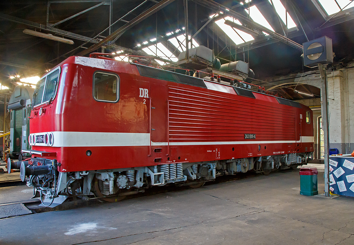 
Die ex DR 243 005-6 (91 80 6143 005-7 D-HLP), ex DB 143 005-7, am 30.10.2016 im Siegener Ringlokschuppen des Südwestfälischen Eisenbahnmuseums in Siegen. Eigentümer der Lok ist das DB Museum Nürnberg, welches sie als Leihgabe an BSW-Gruppe Traditionsgemeinschaft Bw Halle P e. V. gegeben hat, die die Lok z.Z. betriebsfähig betreibt.

Die Lok wurde 1984 bei LEW (VEB Lokomotivbau Elektrotechnische Werke Hans Beimler Hennigsdorf) unter der Fabriknummer 18228 gebaut und als DR 243 005-6 an die Deutsche Reichsbahn geliefert, 1992 erfolgte die Umzeichnung in DR 143 005-7 und zum 01.01.1994 in DB 143 005-7. Bereits ab 2012 war die Lok als Leihgabe an DB Museum, Nürnberg (Außenstelle Halle (Saale) gegangen, aber die eigentliche Ausmusterung erfolgte erst 2015 bei der DB.