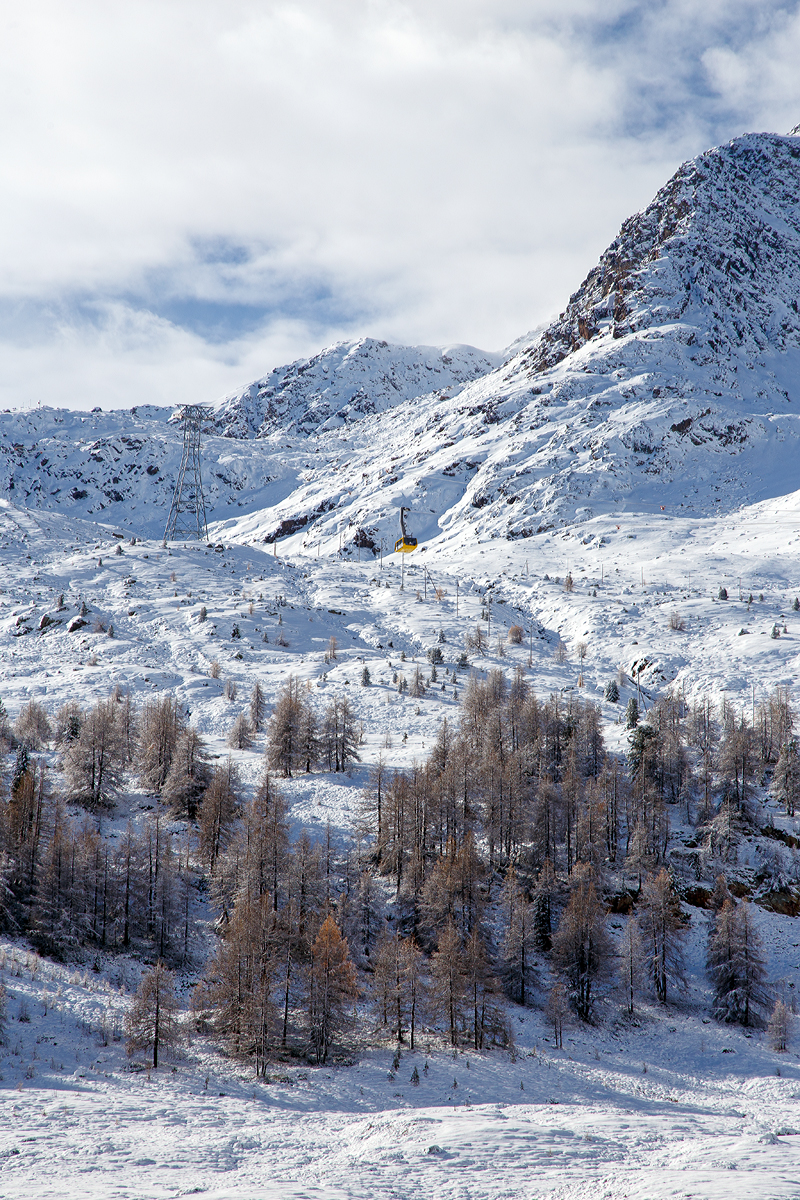 
Die Kabinenseilbahn Diavolezza, am 04.11.2019. Von der Talstation (2.096 m ü. M.) nahe der Haltestelle Bernina Diavolezza der Berninabahn führt die Seilbahn hoch zur Bergstation Diavolezza (rätoromanisch: Teufelin) diese ist ein Joch (2.978 m ü. M.), wo sich das Skigebiet befindet.  
Die Seilbahn hat eine Länge 3.574 m die mit 10 m/Sekunde befahren werden. 