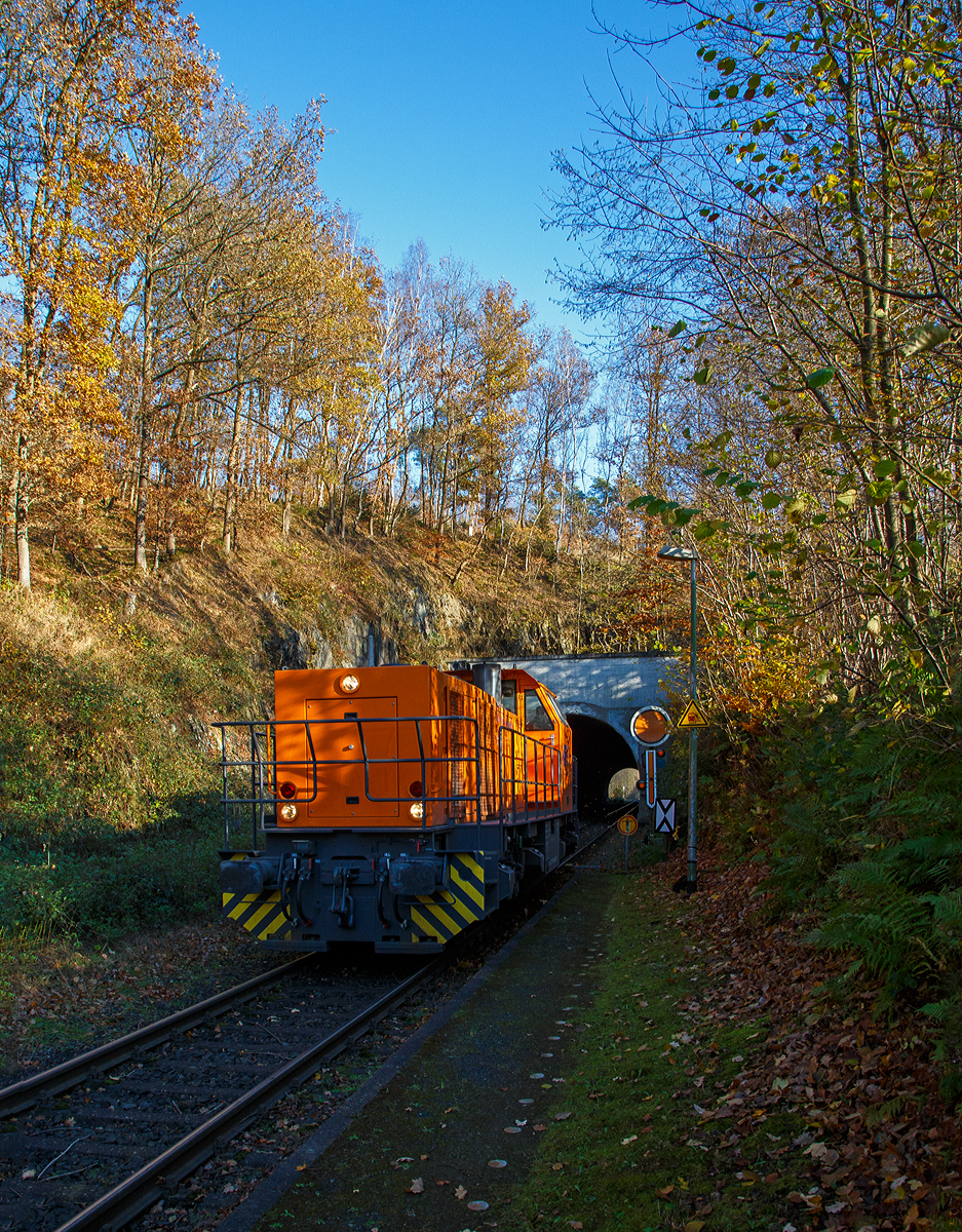Die KSW 44 (92 80 1271 004-4 D-KSW), die MaK G 1000 BB der KSW (Kreisbahn Siegen-Wittgenstein), fährt am 11.11.2021 als Lz von Herdorf in Richtung Betzdorf (Sieg). Hier hat sie gerade 137 m langen Herdorfer Tunnel verlassen und rauscht durch den Hp Königsstollen.