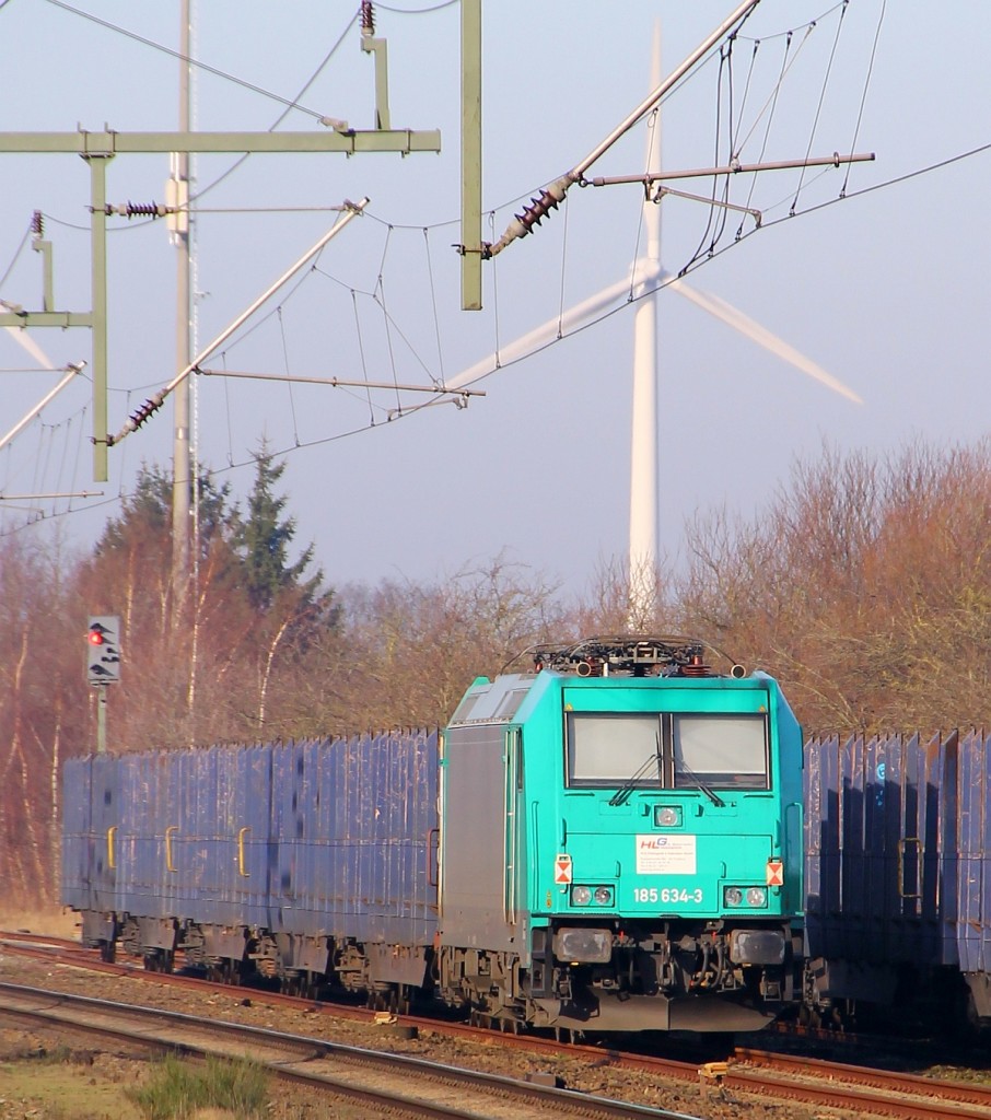 Die Morgensonne genießend steht die an die HLG Holzlogistik verliehene 185 634-3 mit den Snps5 Wagen abgestellt an der Ladestrasse in Jübek. 03.02.2014