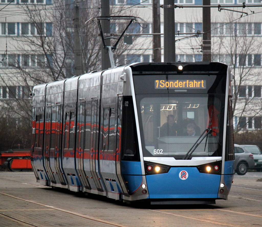 Die neue Hightech-Straenbahn vom Typ Vossloh 6N2 fr Rostock stand am 04.03.2014 als Sonderfahrt auf dem Gelnde der Rostocker Straenbahn AG 