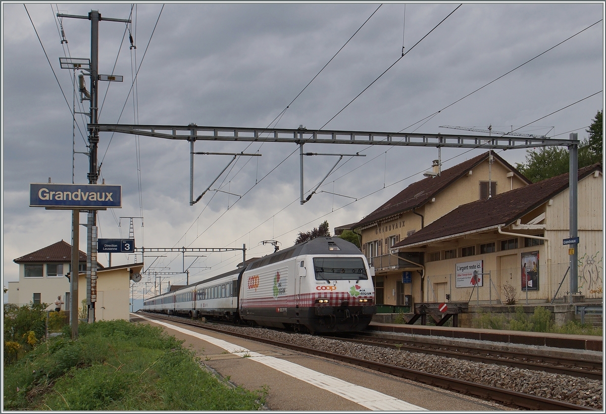 Die SBB 460 083-9  Coop  ist mit einem IR in Grandvaux auf dem Weg nach Luzern. 

3. Sept. 2015