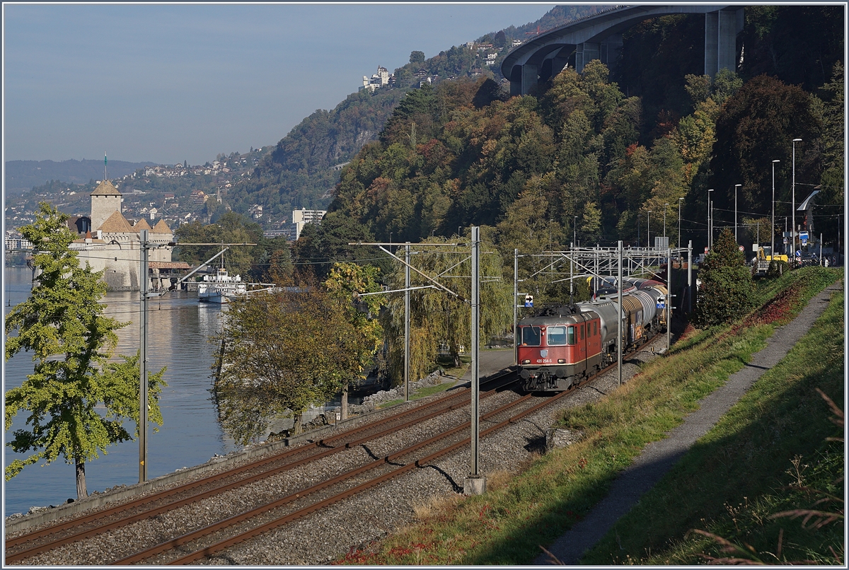Die SBB Re 420 254-5 mit einem Güterzug Richtung Wallis, im Hintergrund das Château de Chillon und etwa versteckt eine Dampfschiff.

18. Okt. 2018