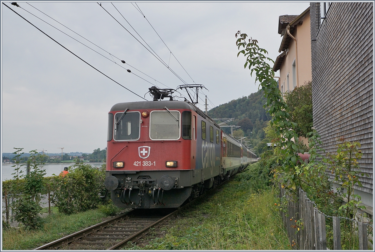 Die SBB Re 421 383-1 mit einem EC von München nach Zürich kurz vor der Ankunft in Bregenz. 

21. Sept. 2018