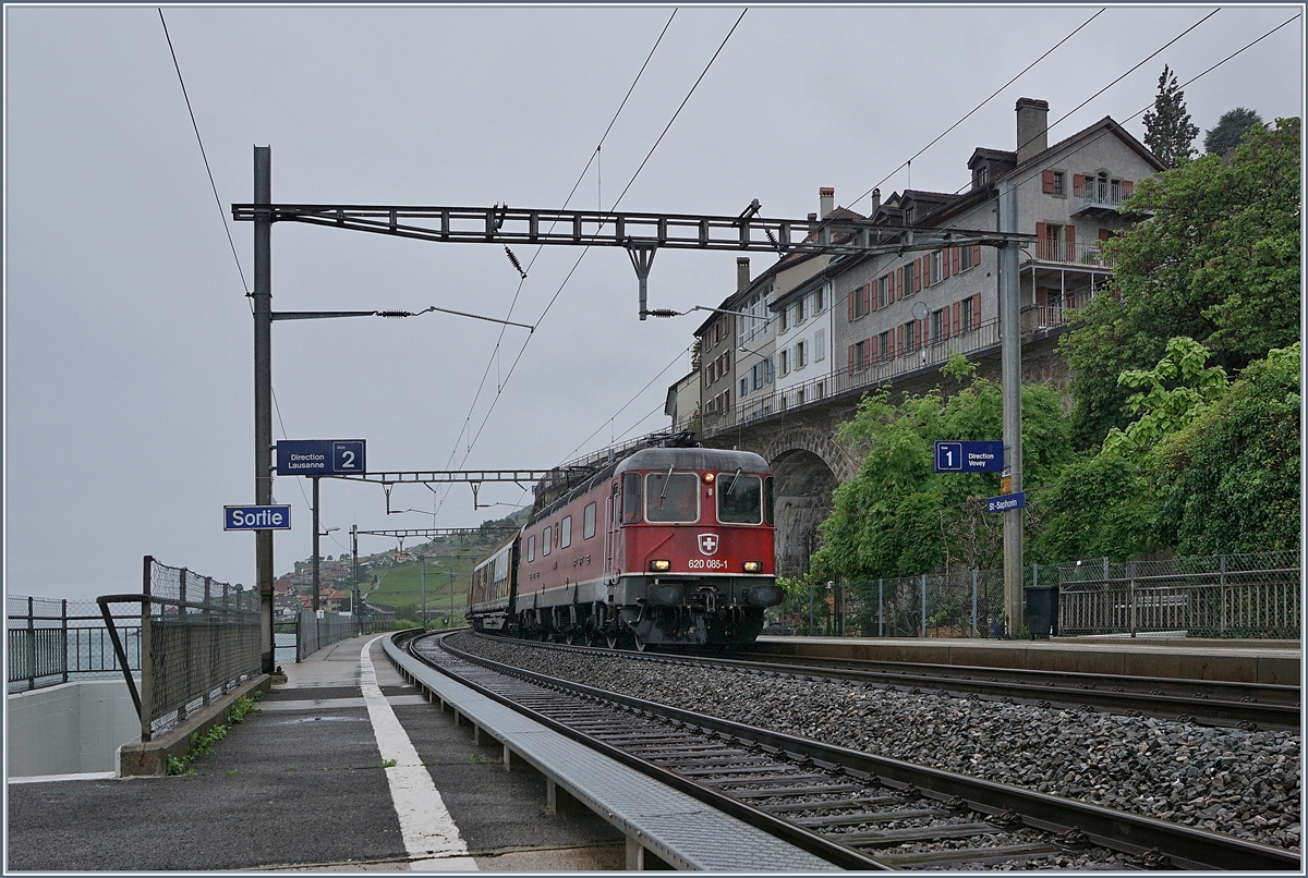Die SBB Re 6/6 11685 (Re 620 085-1)  Sulgen  ist mit einem Güterzug bei St-Saphorin auf der Fahrt Richtung Villeneuve. 

11. Mai 2020