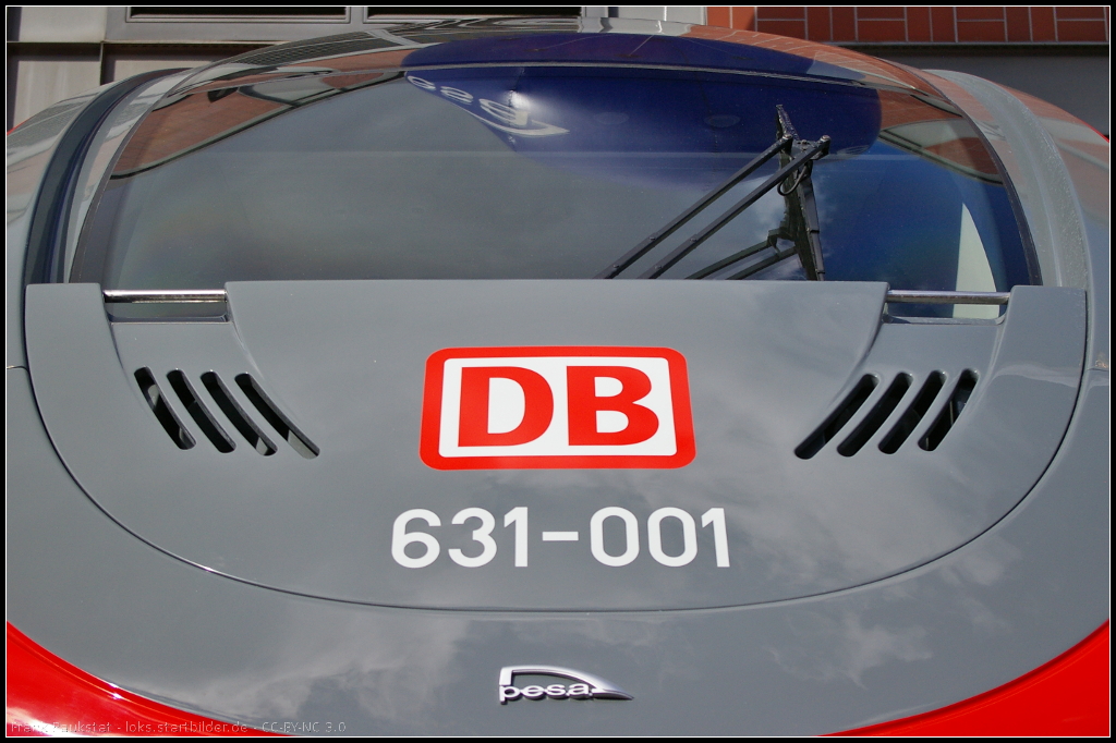 Die sehr flache Front des 631-001 f�r DB Regio gebaut von Pesa aus Polen. Der zweiteilige Triebzug stand auf der InnoTrans 2014 in Berlin