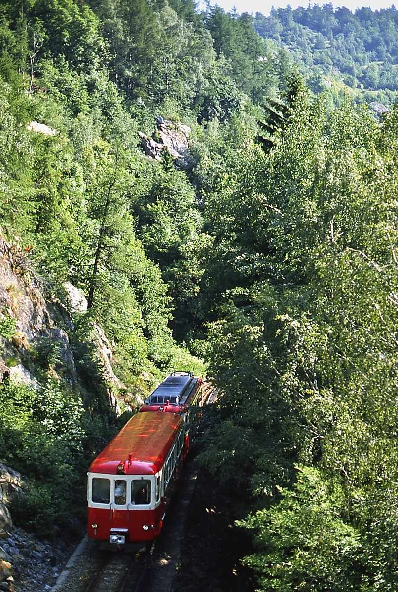 Ein BDeh 4/4 der MC mit dem BDt 68 an der Spitze fährt im Juli 1983 bei Les Marecottes hinauf nach Le Chatelard