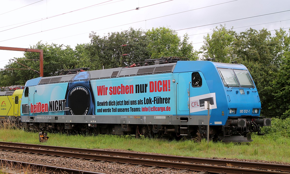 Ein blauer Hai in Dänemark...CFL Cargo 185 512-1 mit neuer Werbung abgestellt im dänischen Pattburg am 03.07.2017