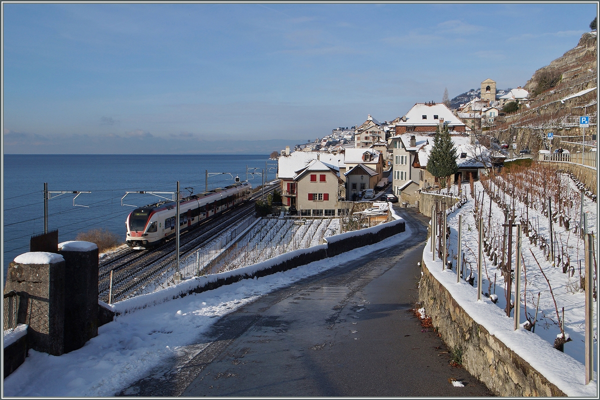 Ein Flirt auf dem Weg Richtung Lausanne bei St-Saphorin.
30. Dez. 2014.
