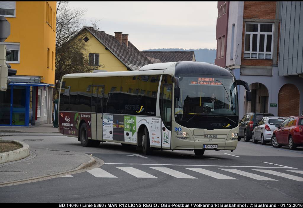 Ein MAN R12 LIONS REGIO unterwegs in Völkermarkt bei der Ausfahrt aus dem Busbahnhof.